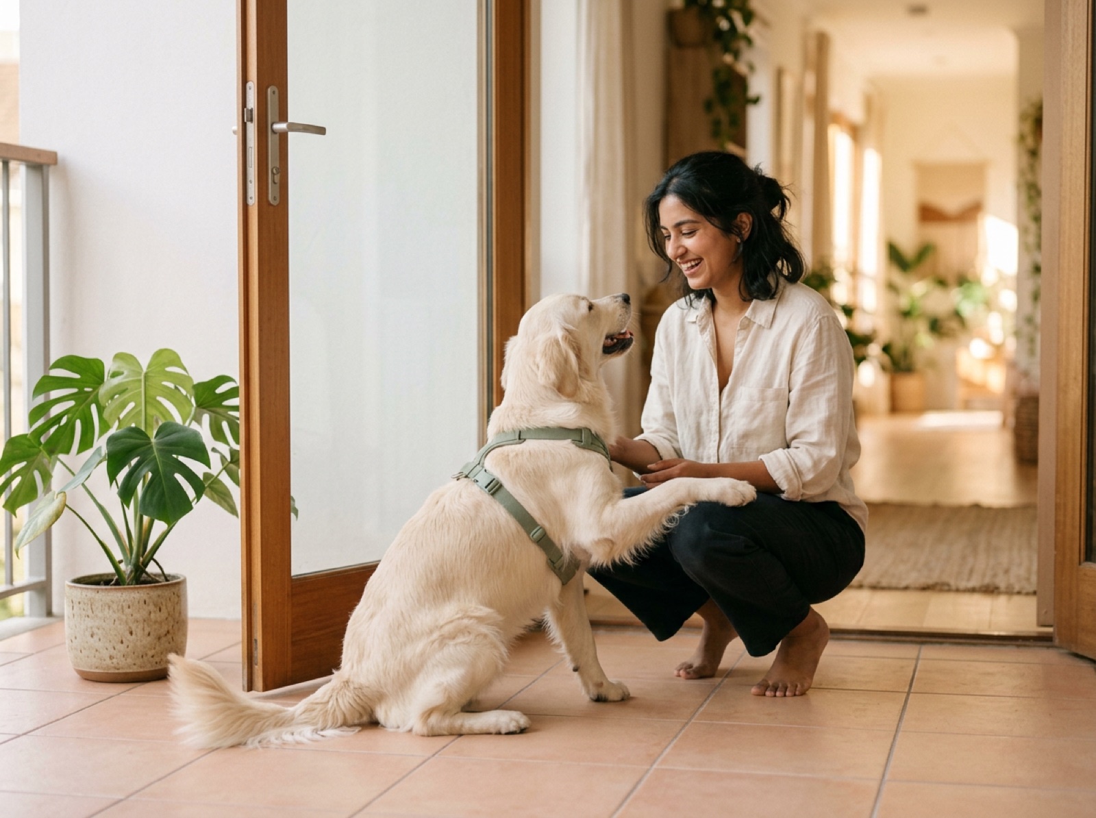 A pet parent greeting her golden retriever at the door