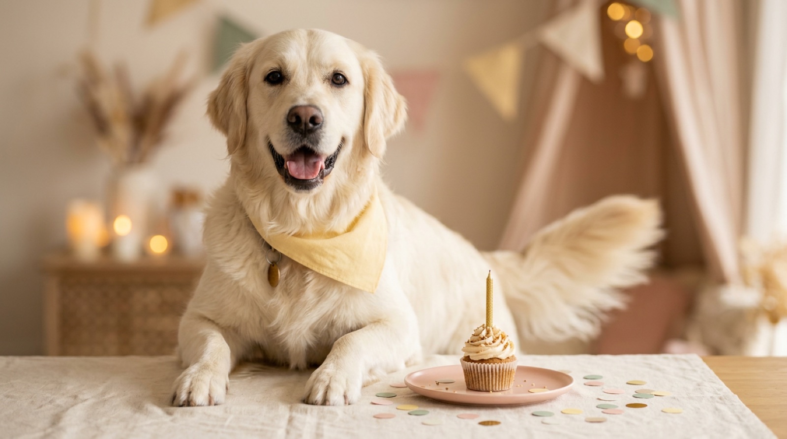 A golden retriever celebrating with a birthday treat