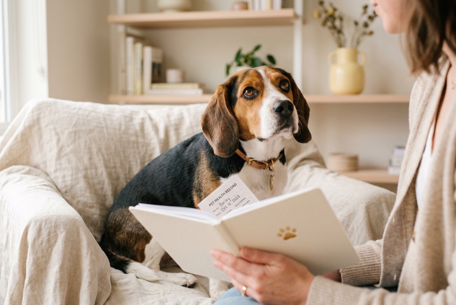 A beagle beside its Kainora health booklet
