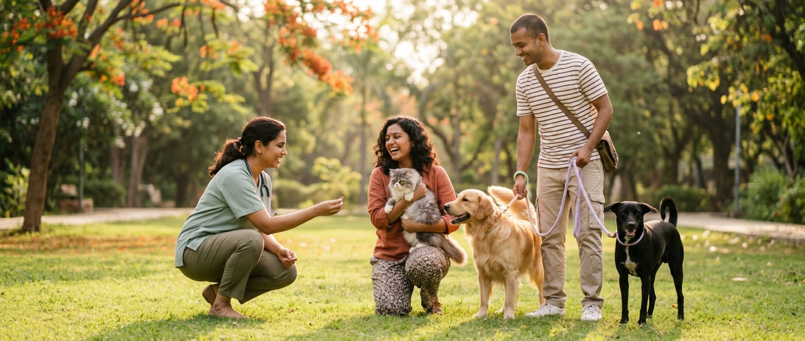 A Kainora groomer, walker and veterinarian with a golden retriever