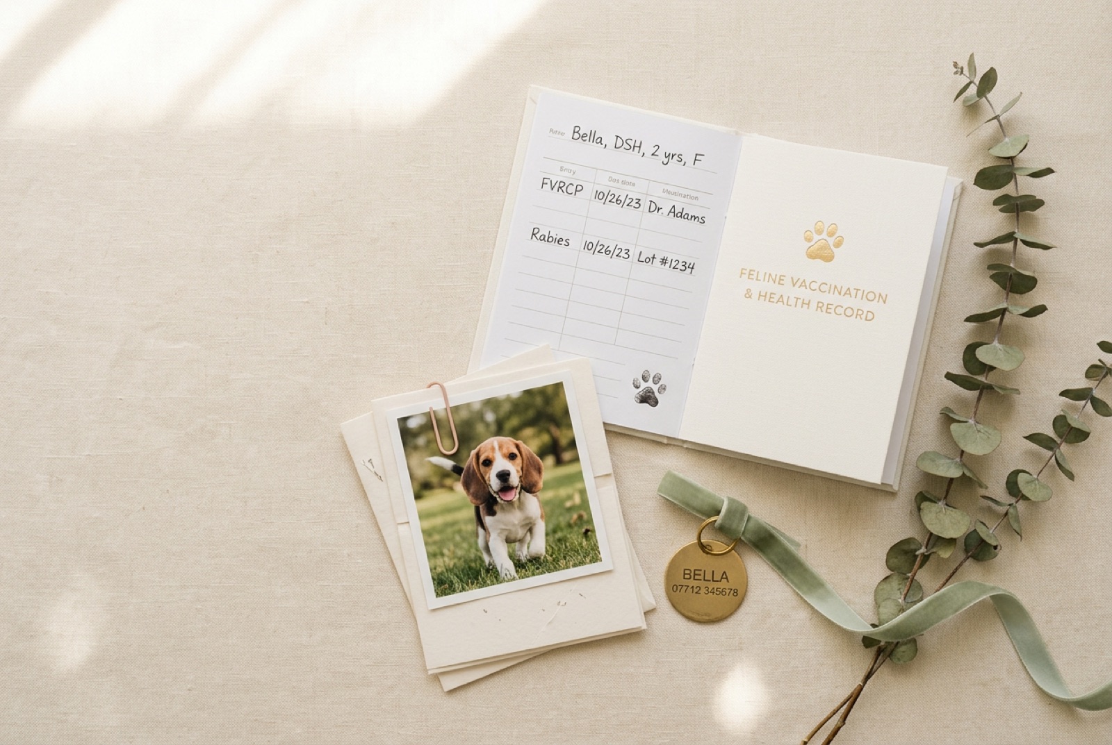 Pet records, ID tag and vaccination booklet laid out on a desk